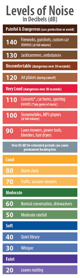 A graphic depicting how harmful levels of noise are in various situations at differing decimal levels