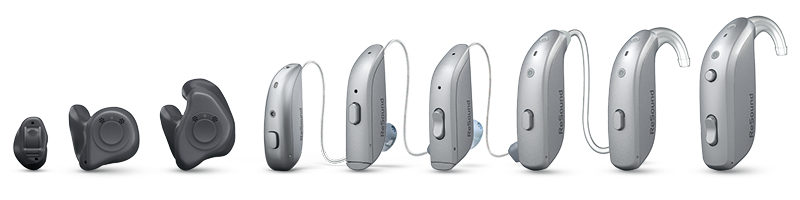 A lineup of various ReSound hearing aid devices